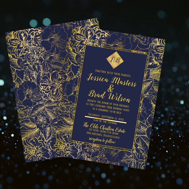 Midnight Blue | GULD VINTAGE BLOMMIGT BRÖLLOP Inbjudningar (Dark Blue Faux Gold Foil Look Vintage Floral Wedding Monogram Invitation)