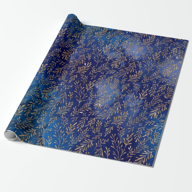 Midnight Blue Guldblad Elegant Effekt Presentpapper (Utrullad)