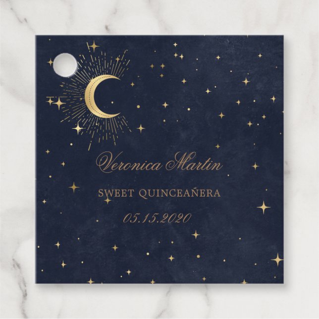 Midnight Blue Måne Stars Quinceanera Gåvor Etiketter (Framsida)