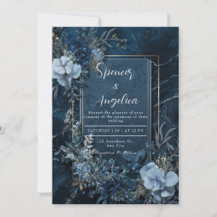 Midnight Blue Marmor Blommig Guld Ram Bröllop Inbjudningar