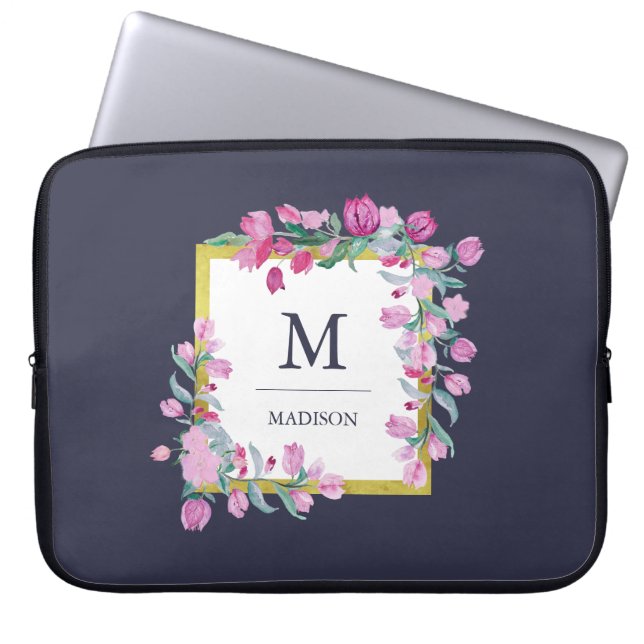 Midnight Blue med Rosa Bougainvillea Flowers Laptop Sleeve (Framsidan)