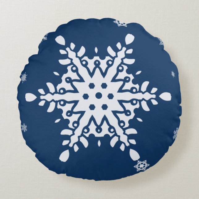 MIDNIGHT BLUE MED SNOWY SNOWFLAKE HELGDAG RUND KUDDE (Framsidan)