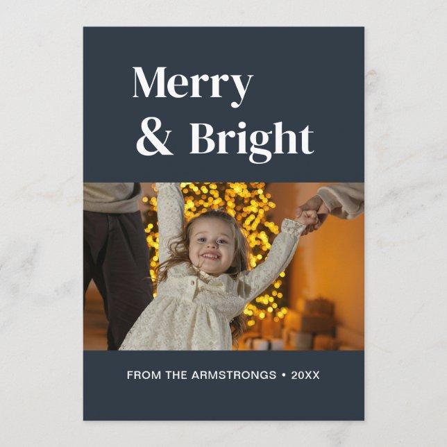 Midnight Blue Minimalist Merry Bright Jul Julkort (Framsida)