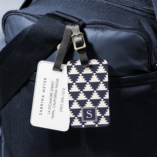 Midnight Blue Modern Aztec Geometric Monogram Bagagebricka (Skapare uppladdad)