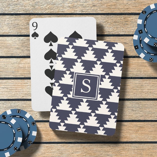 Midnight Blue Modern Aztec Geometric Monogram Casinokort (Skapare uppladdad)