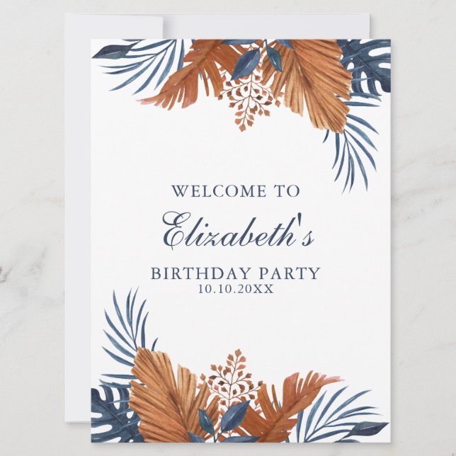 Midnight Blue Monstera Välkomstskiva Skumskiva Inbjudningar (Framsida)