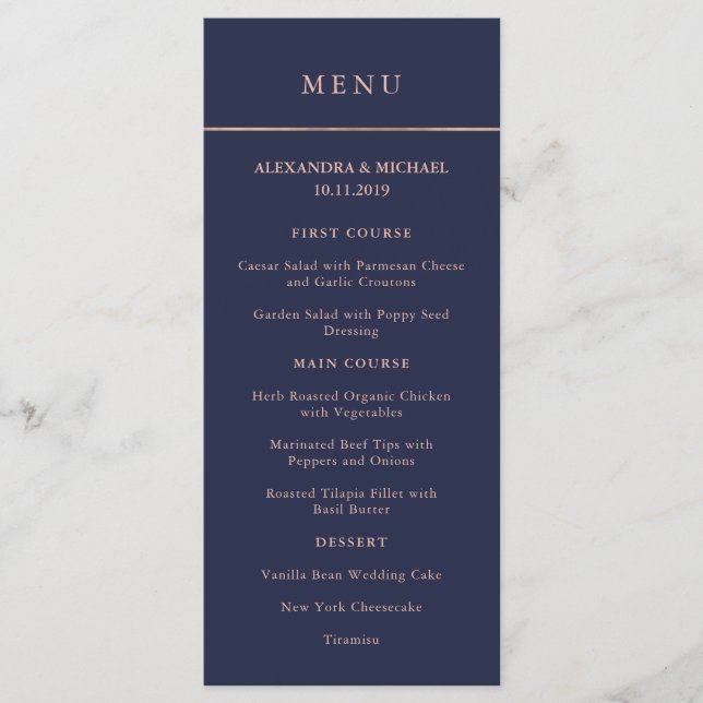 Midnight Blue och Faux Ro Guld Gräns Menu Meny (Framsida)
