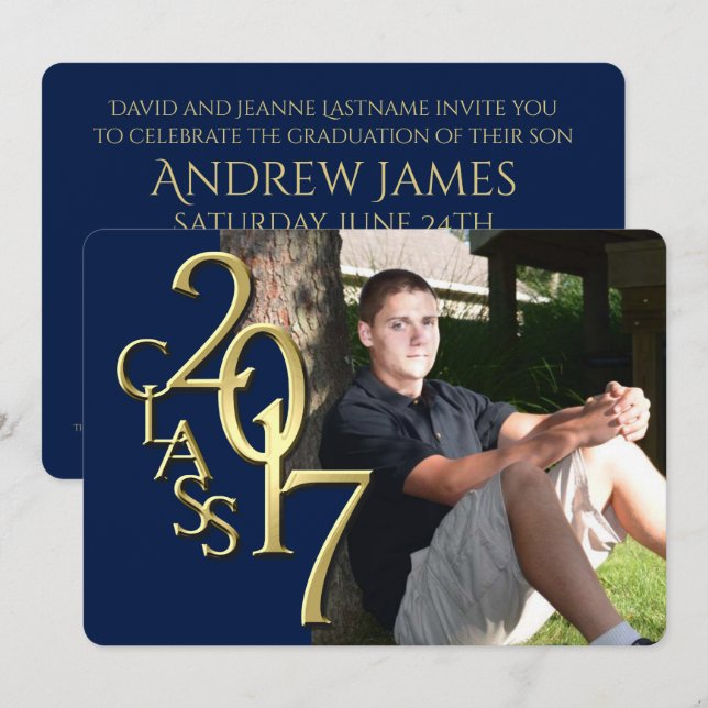 Midnight Blue och Guld 2017 Photo Studenten Inbjudningar (Fram/baksida)