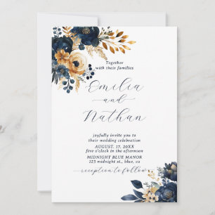 Midnight Blue och Guld Flowers Bröllop Inbjudningar