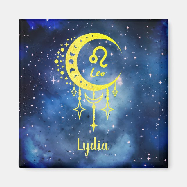 Midnight Blue och Gult Custom Name Leo Magnet (Framsidan)