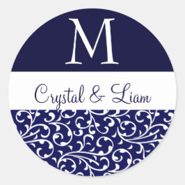MIDNIGHT BLUE och WHITE Damask Wedding Monogram Runt Klistermärke