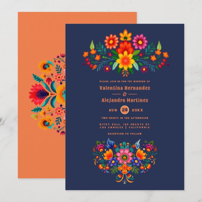 Midnight Blue & Papaya Folk Art Fiesta Wedding Inbjudningar (Fram/baksida)