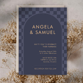 Midnight Blue Rutiga Moderna Bröllop Inbjudningar