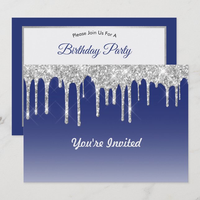 Midnight Blue Silver Glitter Drip Grafisk Födelsed Inbjudningar (Fram/baksida)