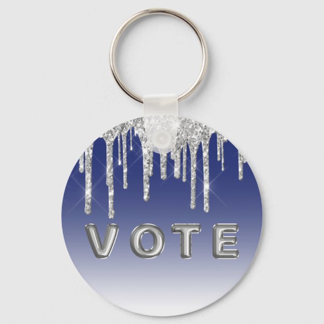 Midnight Blue Silver Glitter Drip Graphic Vote Nyckelring (Baksida)