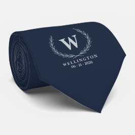 Midnight Blue Silver Lagerbärsmonogram Bröllopsdat Slips
