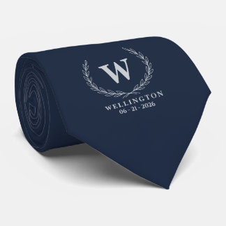 Midnight Blue Silver Lagerbärsmonogram Bröllopsdat Slips