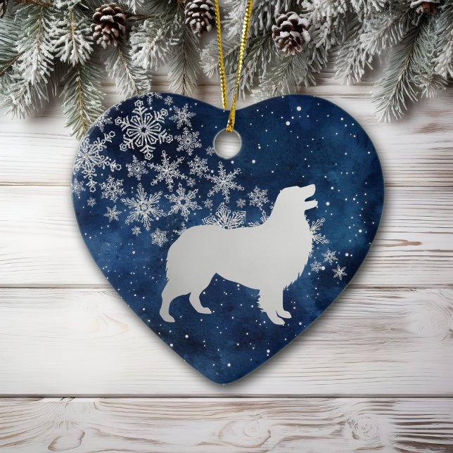 Midnight Blue Silver Snöflinga Australiensisk Shep Julgransprydnad Keramik (Skapare uppladdad)