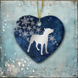 Midnight Blue Silver Snöflinga Pitbull Hund Julgransprydnad Keramik