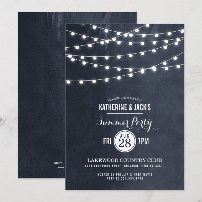 Midnight Blue String Ljus, sommaren Party Inbjudan (Fram/baksida)