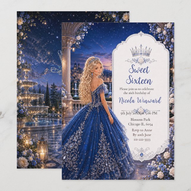 Midnight Blue Sweet 16 Prinsess Trädgård Inbjudningar (Fram/baksida)