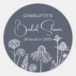Midnight Blue Wildflowers Skissad Bröllopsdusch  Runt Klistermärke