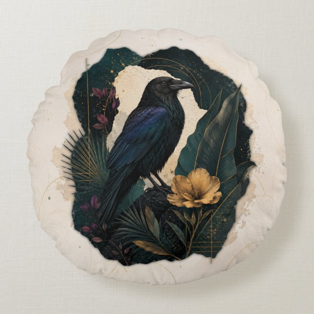 Midnight Botanical Raven Rund Kudde (Framsidan)