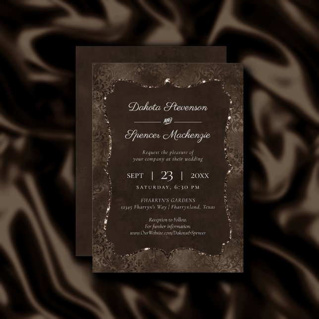 Midnight Bronze Romantik | Satiny Grunge Damask Inbjudningar (Skapare uppladdad)