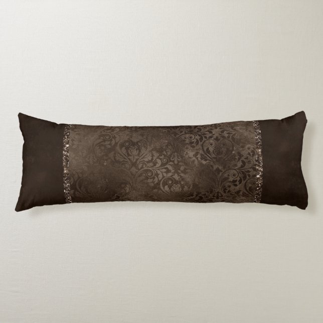 Midnight Bronze Romantik | Satiny Grunge Damask Kroppskudde (Framsidan)