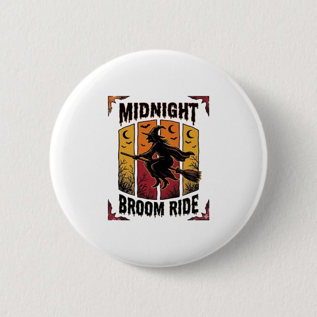 Midnight Broom Ride Vintage Häxa Halloween Grafik Knapp (Framsida)
