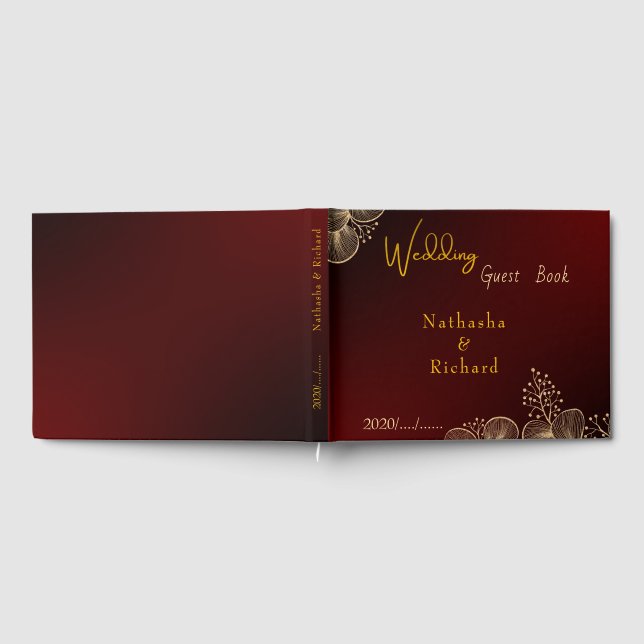 Midnight Burgundy & Guld Blommig Bröllop Gästböcker (Full)