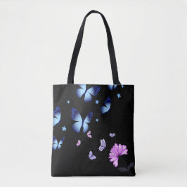 Midnight Butterfly Blue Floral Shoulder Tote Bag Tygkasse