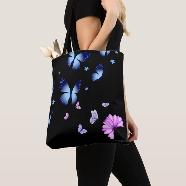 Midnight Butterfly Blue Floral Shoulder Tote Bag Tygkasse (Närbild)