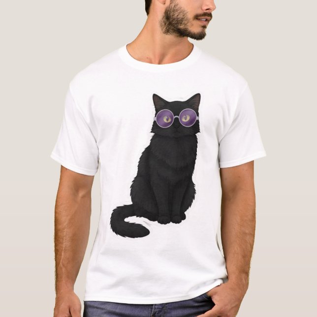 Midnight Cat with Purple Glasses T Shirt (Framsida)