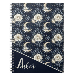 Midnight Celestial Blommig & Halvmåne Design Anteckningsbok