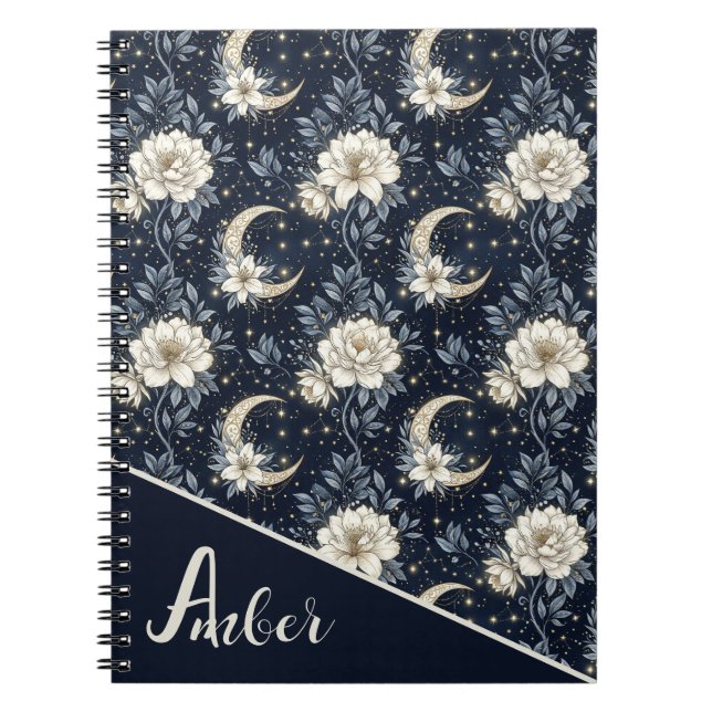 Midnight Celestial Blommig & Halvmåne Design  Anteckningsbok (Framsidan)