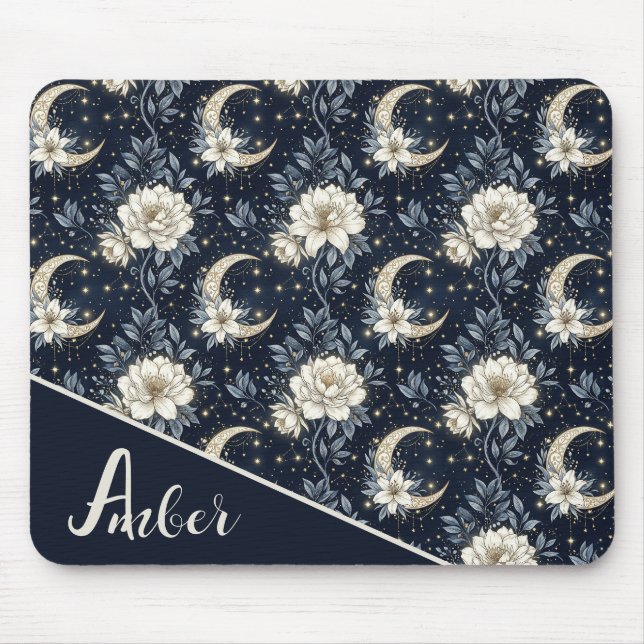 Midnight Celestial Blommig & Halvmåne Design  Musmatta (Framsidan)