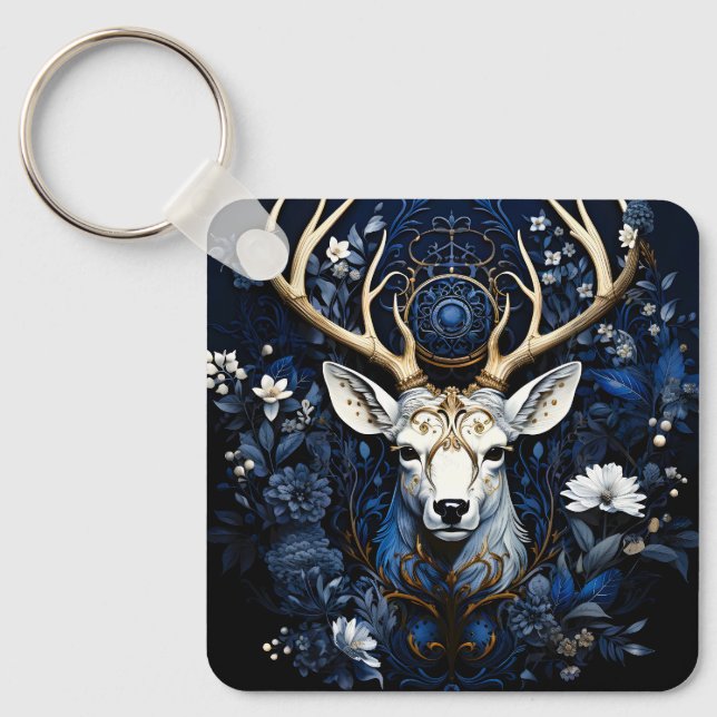 Midnight Celestial Floral Gothic Deer Nyckelring (Framsida)