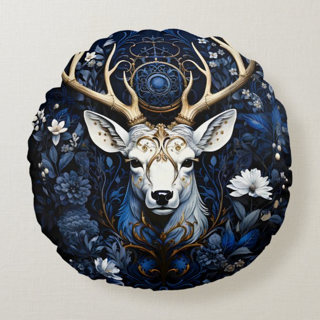 Midnight Celestial Floral Gothic Deer  Rund Kudde (Framsidan)