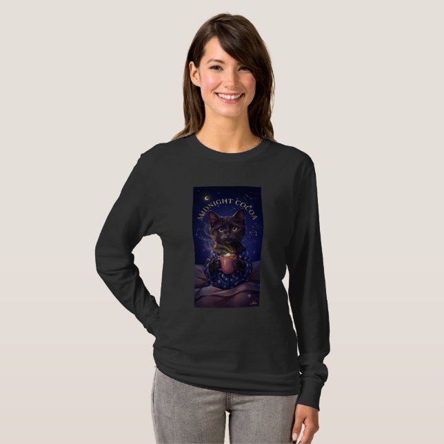 Midnight Cocoa Svart Katt Långärmad T-Shirt (Hel framsida)