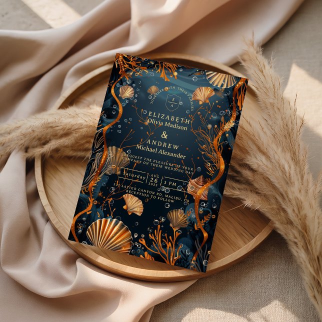 Midnight Deep Sea Gold Nautical Wedding Inbjudningar (Skapare uppladdad)