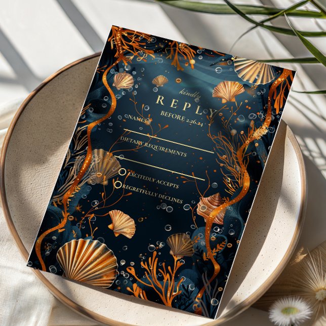 Midnight Deep Sea Gold Nautical Wedding OSA Kort (Skapare uppladdad)