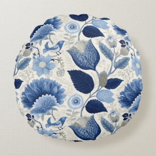 Midnight Delft Garden Vintage botaniskt Blue Rund Kudde
