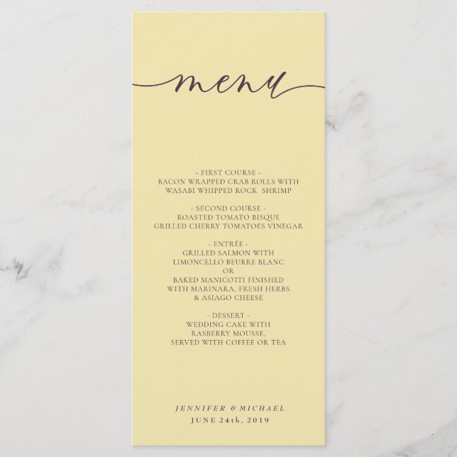 Midnight Fig & Champagne Script Wedding Dinner Meny (Framsida)
