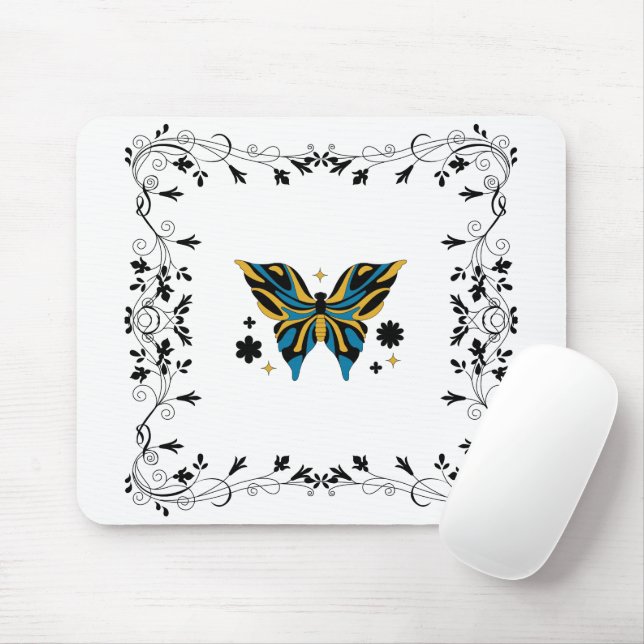 Midnight Flutter – Mörkt fjärilsblommönster Musmatta (Med mus)