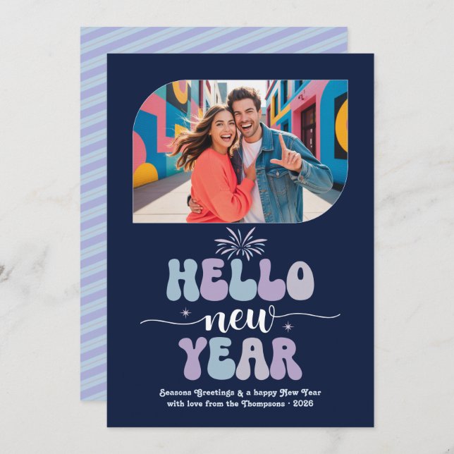 Midnight Frost Hello New Year Blue Retro Photo Julkort (Fram/baksida)