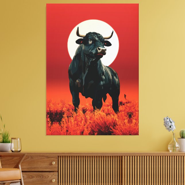 Midnight Fury - Majestic Black Bull under Crimson Canvastryck (Insitu (Vardagsrum))