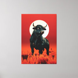 Midnight Fury - Majestic Black Bull under Crimson Canvastryck