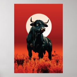 Midnight Fury - Majestic Black Bull under Crimson Poster