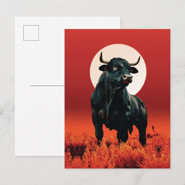 Midnight Fury - Majestic Black Bull under Crimson Vykort (Fram/baksida)